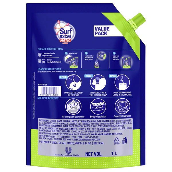 Surf Excel Matic Top Load Liquid Detergent Pouch, 1 L