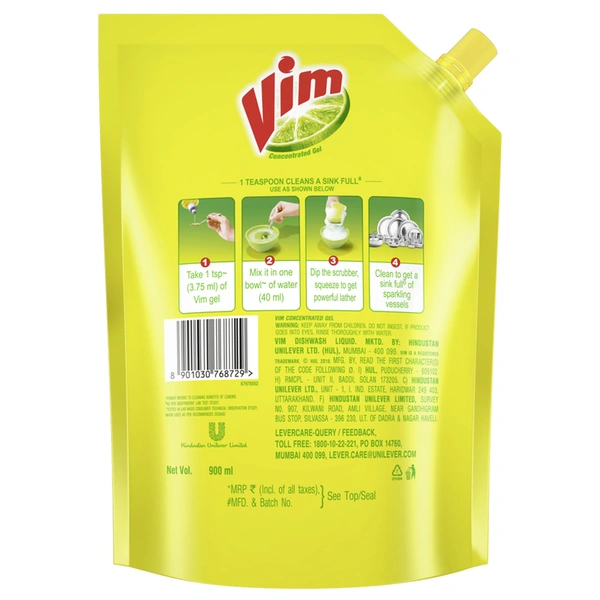 Vim Liquid Dishwash Gel Refill 900 ml