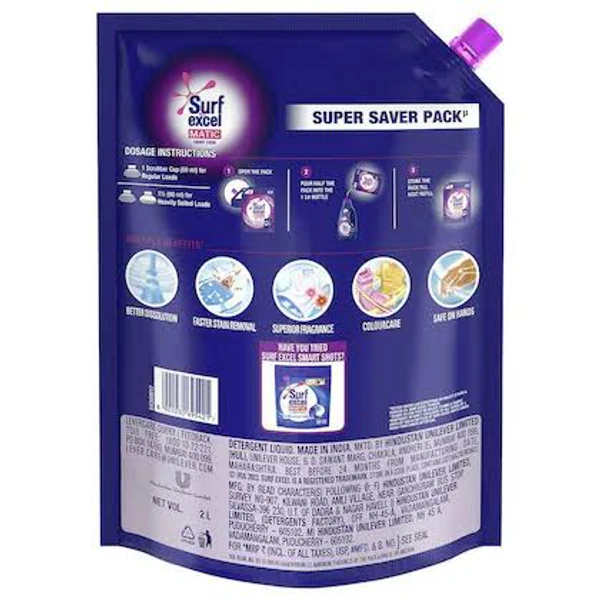 Surf Excel Matic Front Load Liquid Detergent Pouch, 2 L