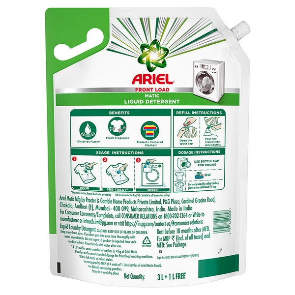 Ariel Matic Front Load Liquid Detergent Refill Pouch 3L + 1L