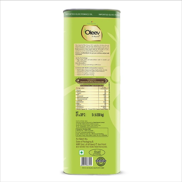 Oleev Pomace Olive Oil Tin, 5 L