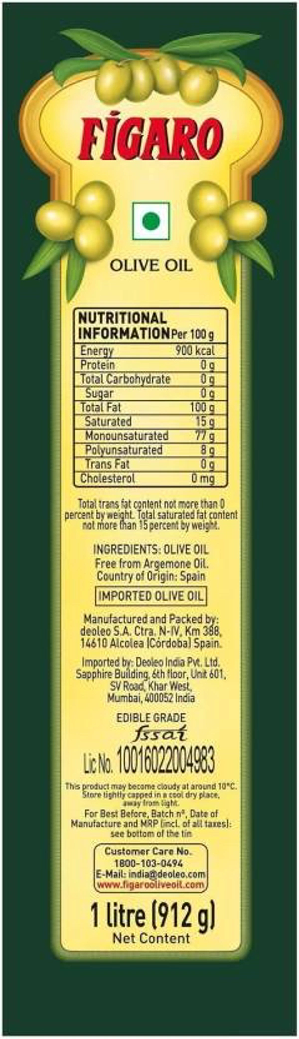 Figaro Pure Olive Oil Tin, 1 L