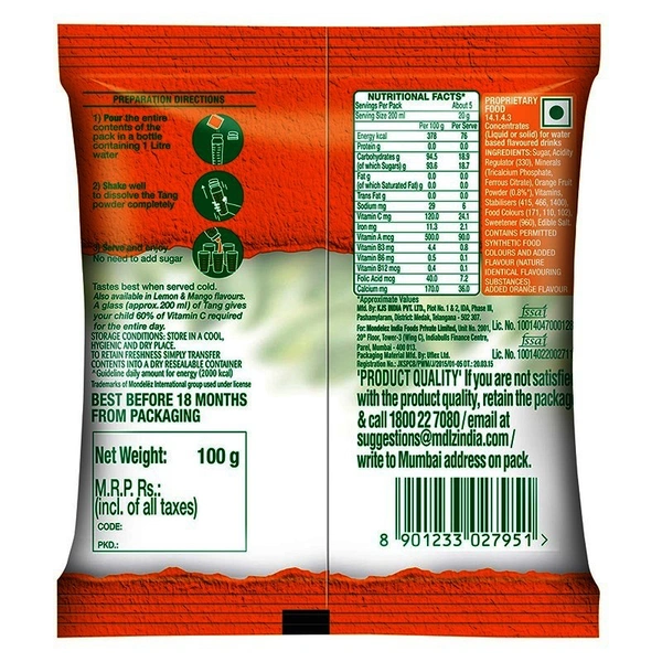 Tang Orange Instant Drink Mix Pouch, 100 g