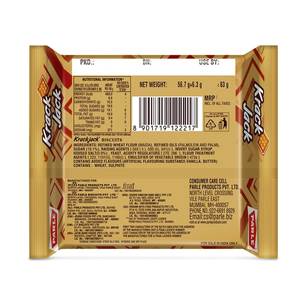 Parle Krackjack Sweet & Salty Biscuits 56.7 g + 6.3 g