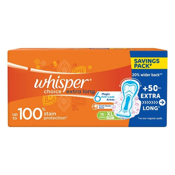 Whisper Choice Extra Long (XL) Sanitary Pads With Wings 18 N