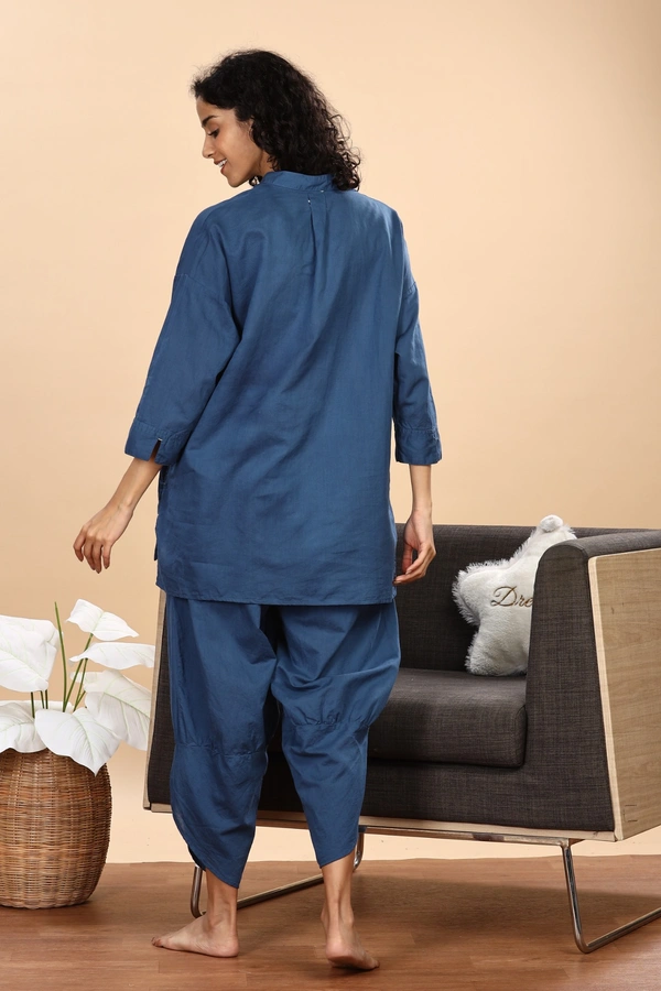 IIR07-Jamsa 100% Organic Cotton Linen Night Wellness wear Indigo Female - XS, INDIGO