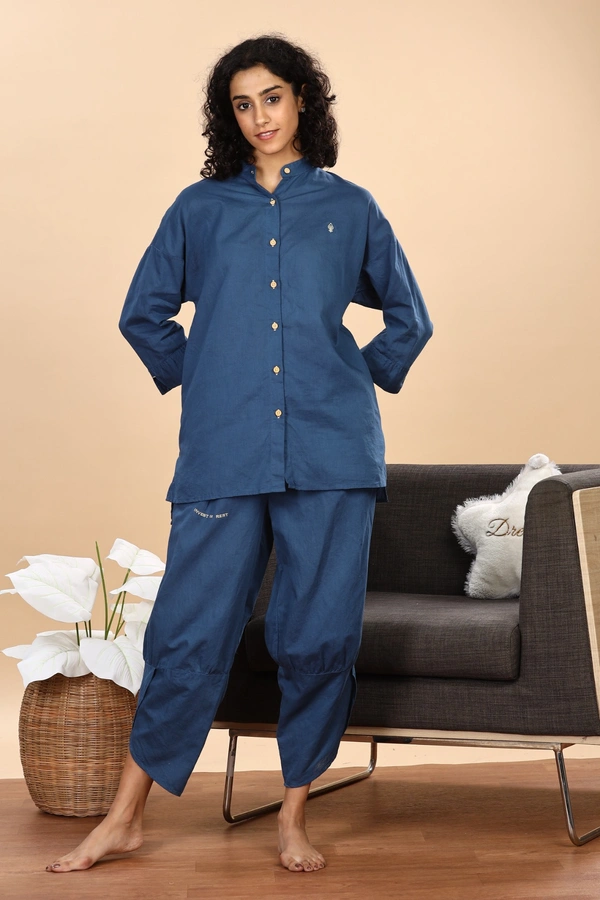 IIR07-Jamsa 100% Organic Cotton Linen Night Wellness wear Indigo Female - L, INDIGO