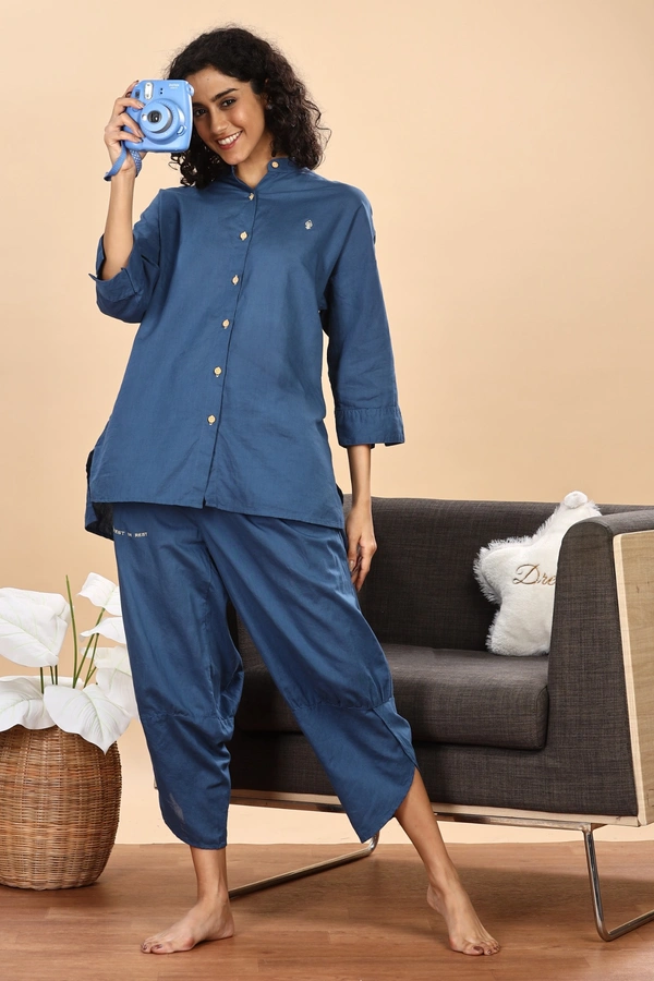 IIR07-Jamsa 100% Organic Cotton Linen Night Wellness wear Indigo Female - XS, INDIGO