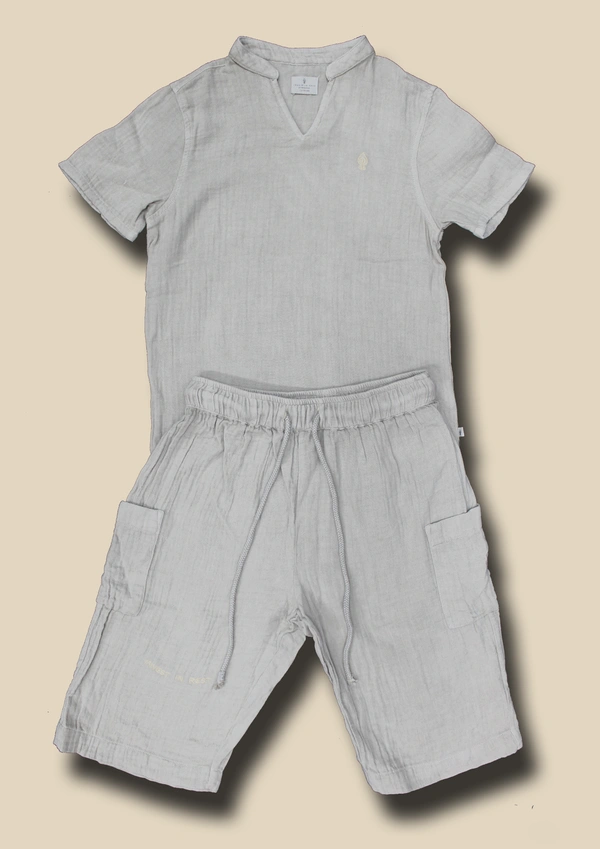IIR018-SaYanam-100% Organic Unique Double Layered Boys Beige Night Wear - 5 TO 6 Y, BEIGE