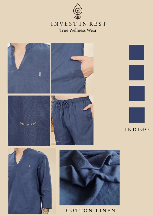IIR01-Nemuri 100% Organic Cotton Linen Night Wellness wear Indigo Male - 4XL, INDIGO