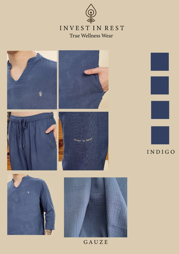 IIR04-Shui 100% Organic Unique Double Layered Night Wellness wear Indigo Male - L, INDIGO