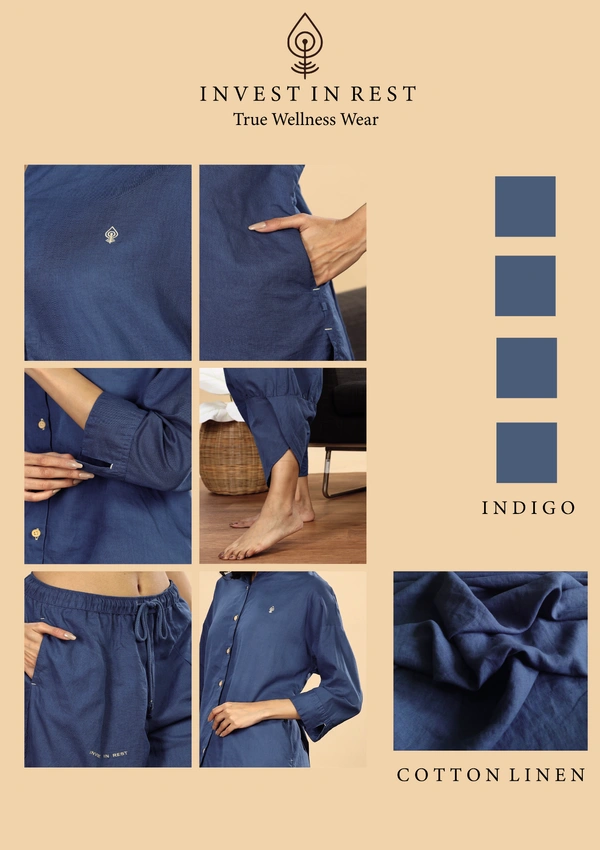 IIR07-Jamsa 100% Organic Cotton Linen Night Wellness wear Indigo Female - L, INDIGO