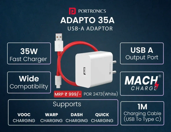 PORTRONICS 35W FAST CHARGING USB ADAPTER - White