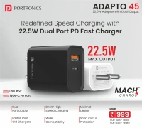 PORTRONICS ADAPTO 45 (22.5 W Adapter with Dual Output ) - Black white