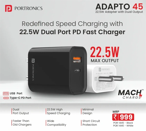 PORTRONICS ADAPTO 45 (22.5 W Adapter with Dual Output ) - Black white