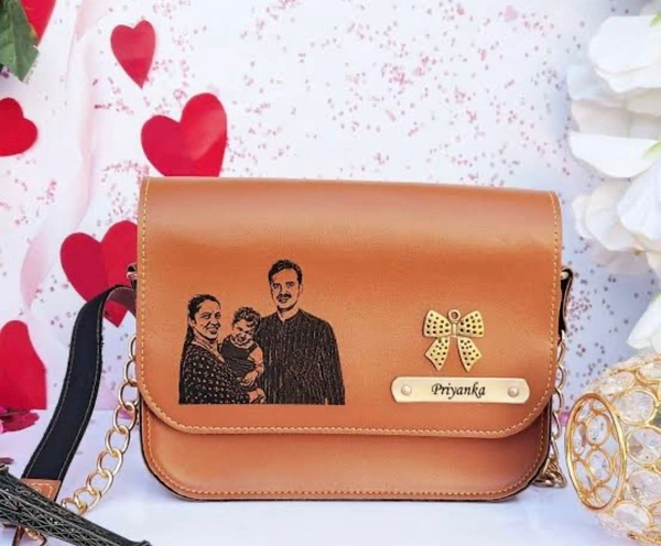 Sketch Print Sling Leather Bag - Tan