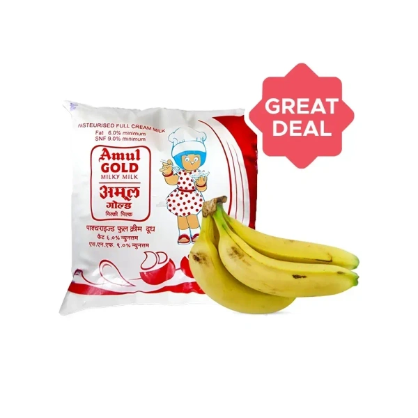Amul Gold Full Cream Fresh Milk + Banana Robusta Regular Combo- 3 pieces + 500 ml