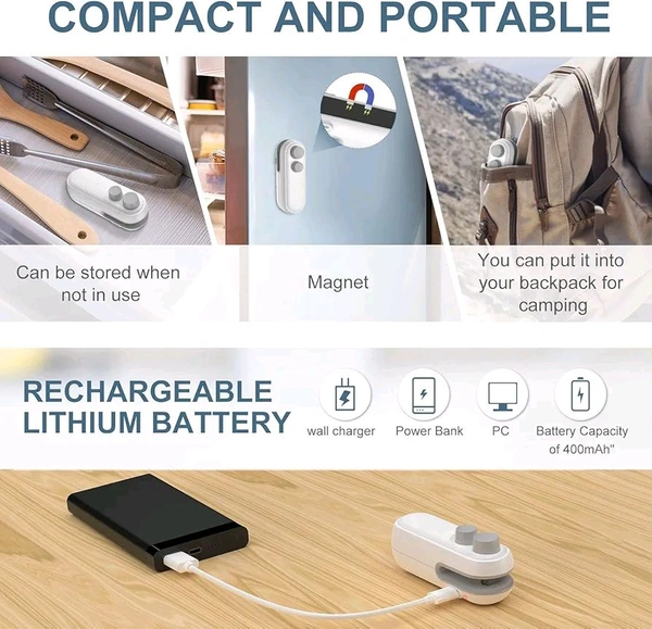Mini Portable Packet Sealer – USB Rechargeable Plastic Bag Sealing Machine for Food Storage & Packaging – Manual Heat Seal Machine for Kitchen (Pack of 1)