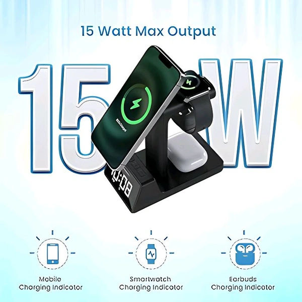Portronics 3 in 1, 15Watts Magnetic Wireless Charging Station with Digital Alarm Clock