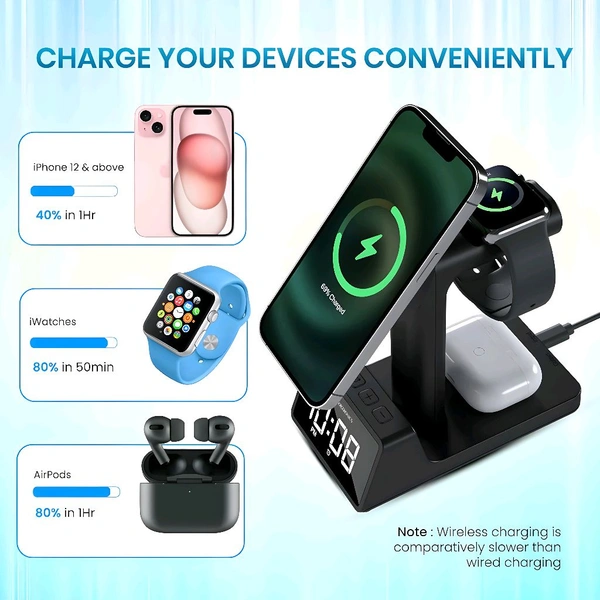 Portronics 3 in 1, 15Watts Magnetic Wireless Charging Station with Digital Alarm Clock