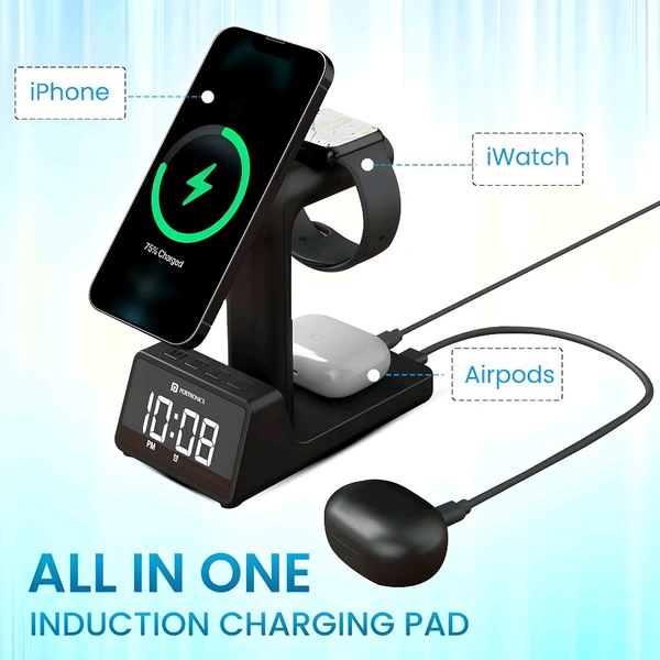 Portronics 3 in 1, 15Watts Magnetic Wireless Charging Station with Digital Alarm Clock
