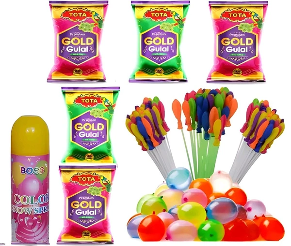Tota Gold Skin Friendly Holi Color Gulal Powder - Pack of 5 of 80 gm Each + 111 Magic Balloons + Snow Spray