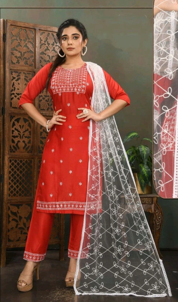 uLOOK Women Kurti Set 3 Pieces With Dupatta-kurti-paizama Netted Duppata New Design Embroidery Design - Red, Cotton Blended, XL