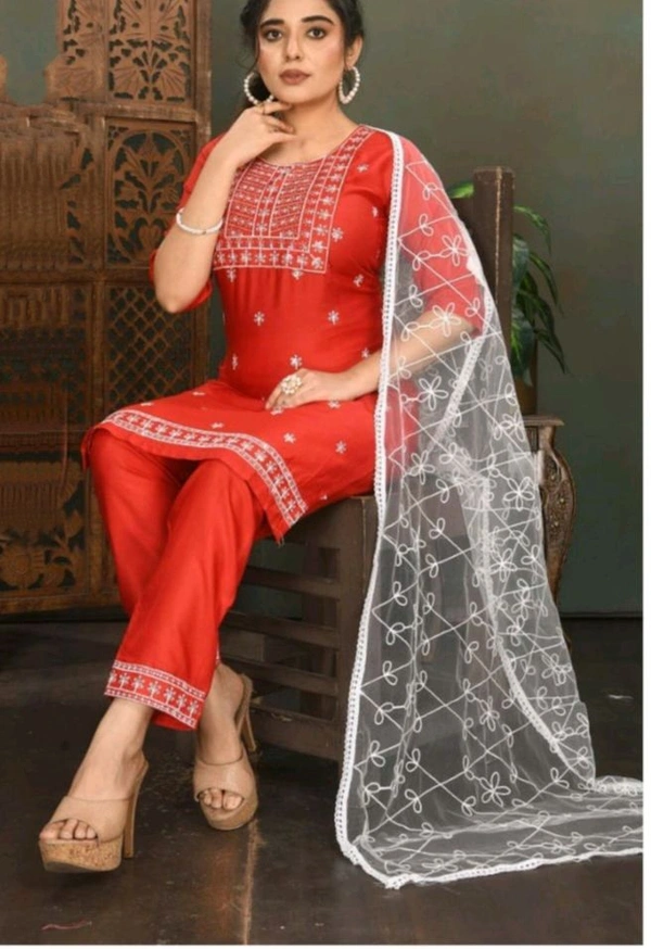 uLOOK Women Kurti Set 3 Pieces With Dupatta-kurti-paizama Netted Duppata New Design Embroidery Design - Red, Cotton Blended, XL
