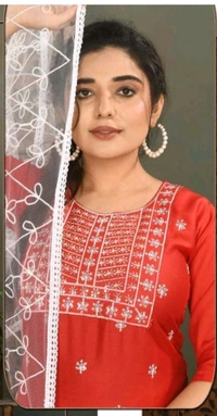 uLOOK Women Kurti Set 3 Pieces With Dupatta-kurti-paizama Netted Duppata New Design Embroidery Design - Red, Cotton Blended, XL