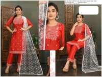 uLOOK Women Kurti Set 3 Pieces With Dupatta-kurti-paizama Netted Duppata New Design Embroidery Design - Red, Cotton Blended, XL