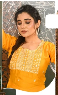 uLOOK Women Kurti Set 3 Pieces With Dupatta-kurti-paizama Netted Duppata New Design Embroidery Design - yellow, Cotton Blended, XL