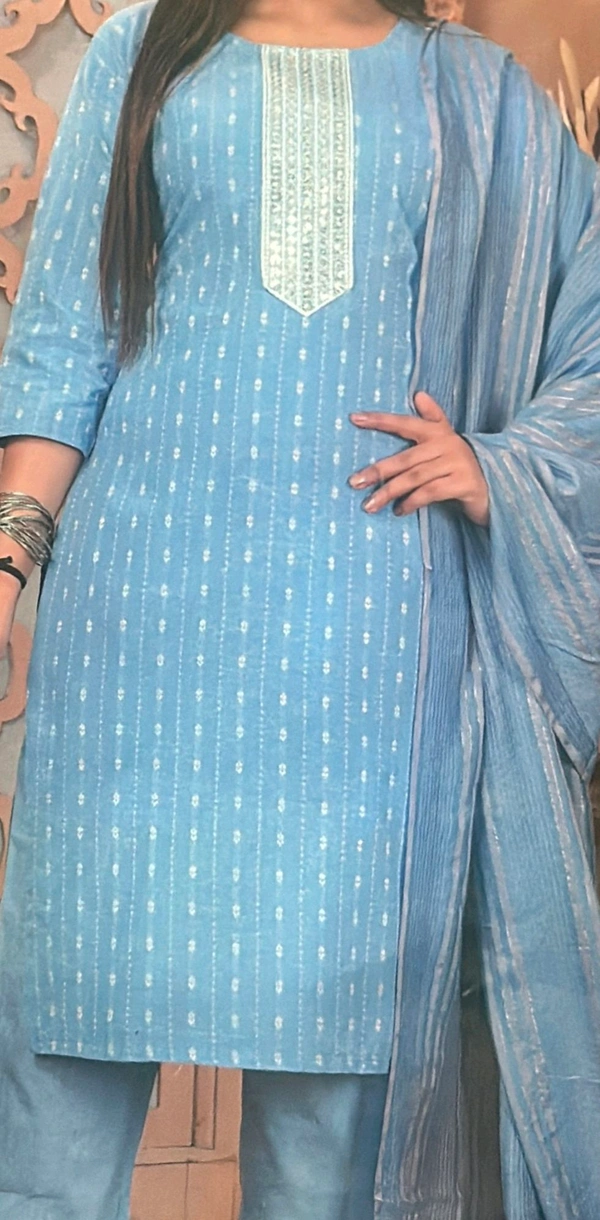 uLOOK Womens Printed Design Work Kurti Set Of Kurti Paizama Duppata.Shiny Design With Sparking Duppataa - sky blue, Cotton, XL