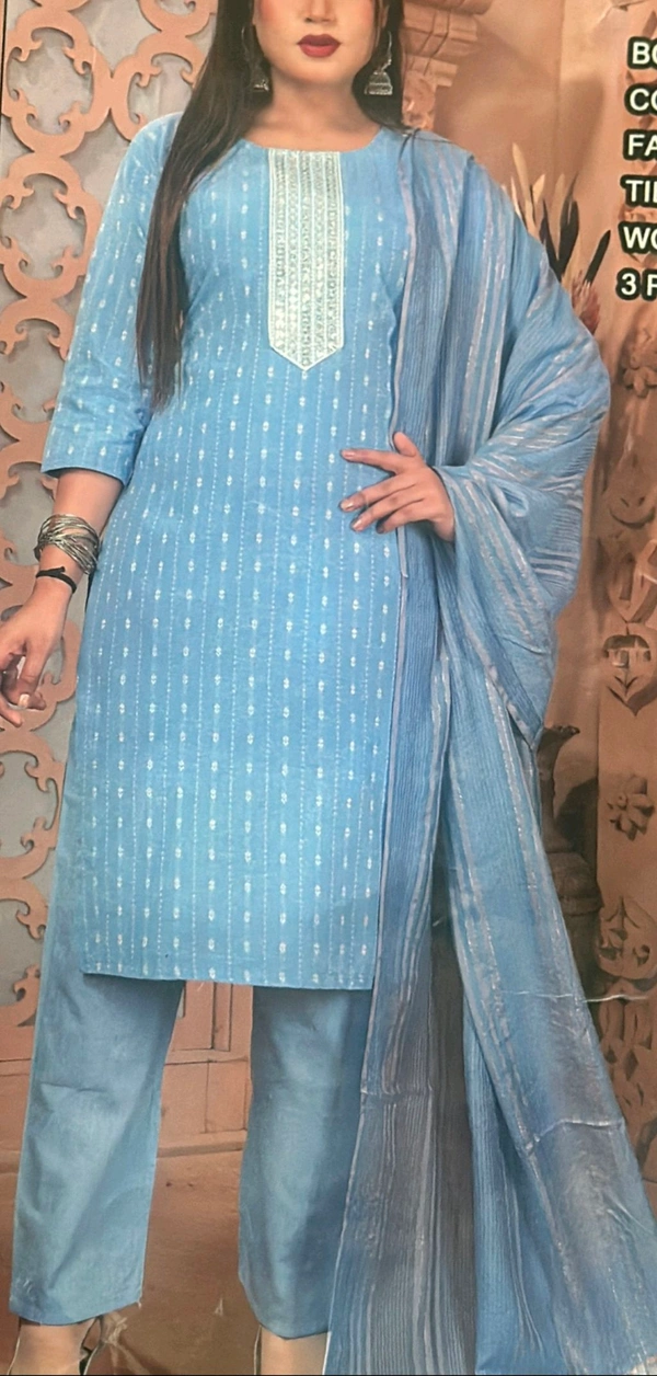 uLOOK Womens Printed Design Work Kurti Set Of Kurti Paizama Duppata.Shiny Design With Sparking Duppataa - sky blue, Cotton, XL