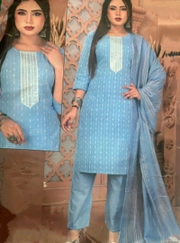 uLOOK Womens Printed Design Work Kurti Set Of Kurti Paizama Duppata.Shiny Design With Sparking Duppataa - sky blue, Cotton, XL