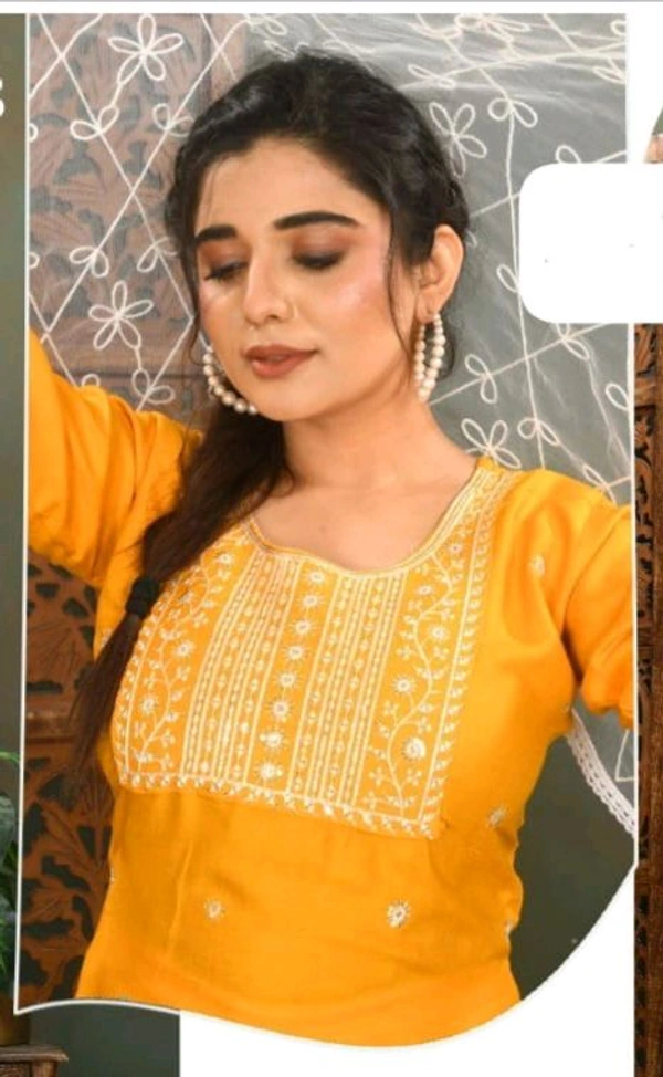 uLOOK Women Kurti Set 3 Pieces With Dupatta-kurti-paizama Netted Duppata New Design Embroidery Design - yellow, XL