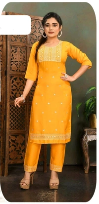 uLOOK Women Kurti Set 3 Pieces With Dupatta-kurti-paizama Netted Duppata New Design Embroidery Design - yellow, XL