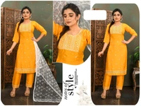 uLOOK Women Kurti Set 3 Pieces With Dupatta-kurti-paizama Netted Duppata New Design Embroidery Design - yellow, XL
