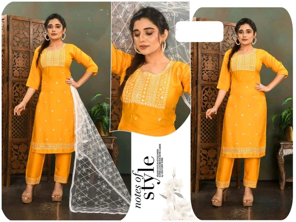 uLOOK Women Kurti Set 3 Pieces With Dupatta-kurti-paizama Netted Duppata New Design Embroidery Design - yellow, XL
