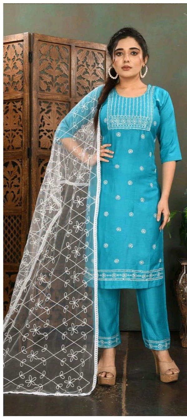 uLOOK Women Kurti Set 3 Pieces With Dupatta-kurti-paizama Netted Duppata New Design Embroidery Design - sky blue