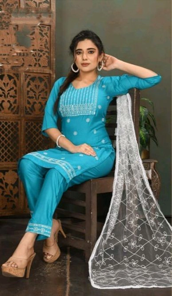 uLOOK Women Kurti Set 3 Pieces With Dupatta-kurti-paizama Netted Duppata New Design Embroidery Design - sky blue