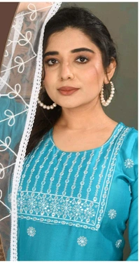 uLOOK Women Kurti Set 3 Pieces With Dupatta-kurti-paizama Netted Duppata New Design Embroidery Design - sky blue