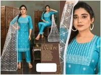 uLOOK Women Kurti Set 3 Pieces With Dupatta-kurti-paizama Netted Duppata New Design Embroidery Design - sky blue