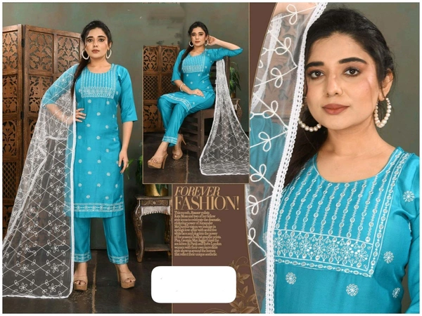 uLOOK Women Kurti Set 3 Pieces With Dupatta-kurti-paizama Netted Duppata New Design Embroidery Design - sky blue