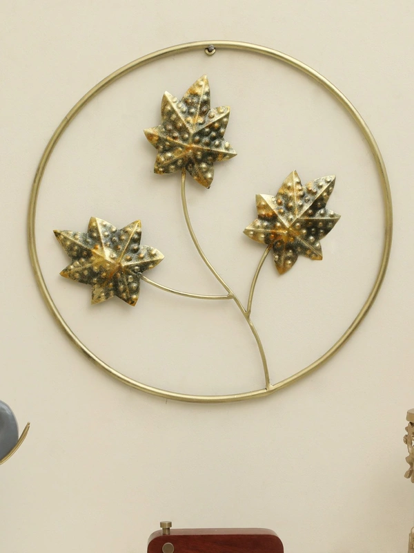 Metal Art Home Decoration  Bay Leaf Wall Hanging Decor with Round Frame, Gold Metal Wall Art