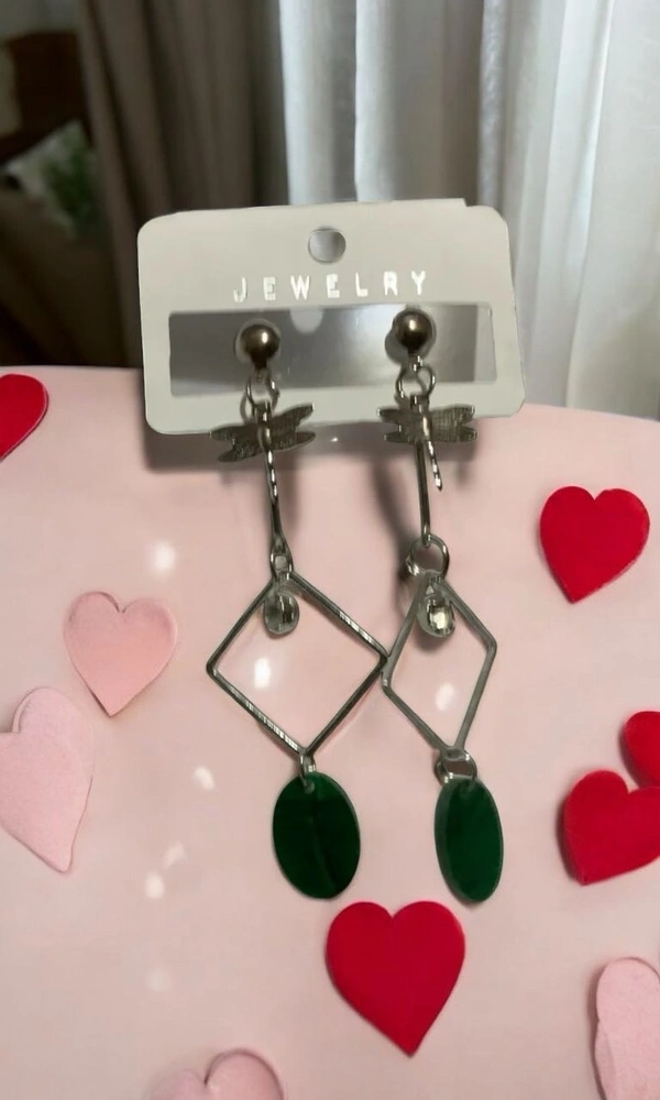 Groove Gallery  Geometric Drop Earrings with Green Stone – Modern Minimalist Women’s Jewelry - Japanese Laurel
