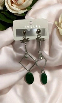 Groove Gallery  Geometric Drop Earrings with Green Stone – Modern Minimalist Women’s Jewelry - Japanese Laurel