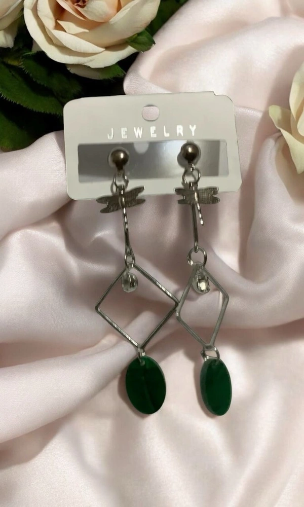 Groove Gallery  Geometric Drop Earrings with Green Stone – Modern Minimalist Women’s Jewelry - Japanese Laurel