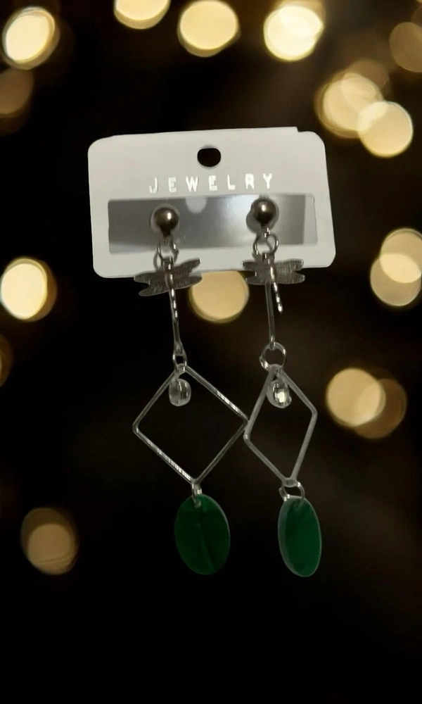 Groove Gallery  Geometric Drop Earrings with Green Stone – Modern Minimalist Women’s Jewelry - Japanese Laurel