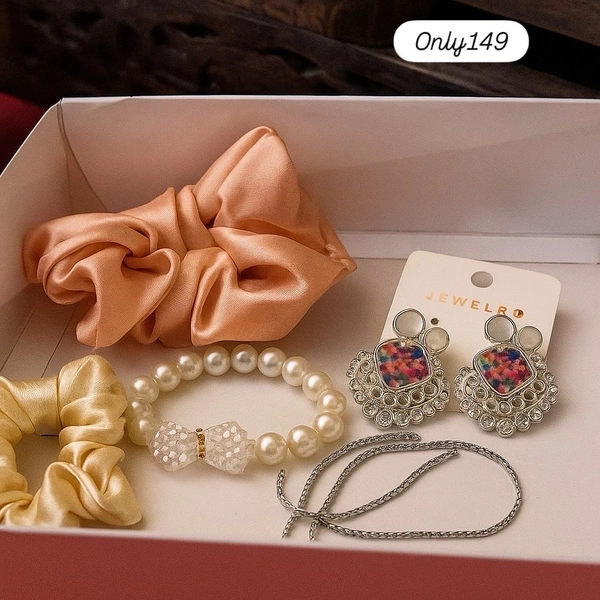 Groove Gallery  Elegant Jewelry & Hair Accessory Gift Set – Earrings, Bracelet, Hair Scrunchies & Chain