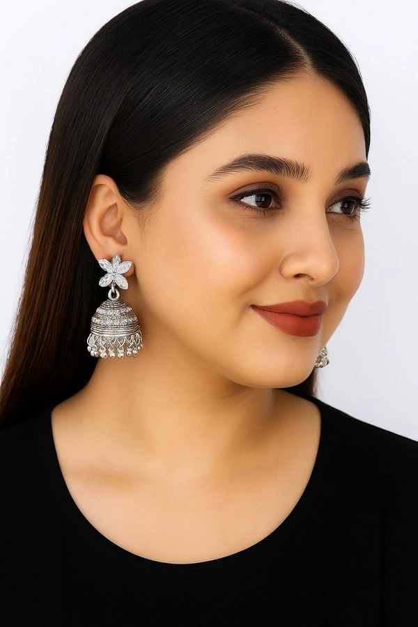 Groove Gallery  Sparkle Stone Studded Silver Jhumka Earrings